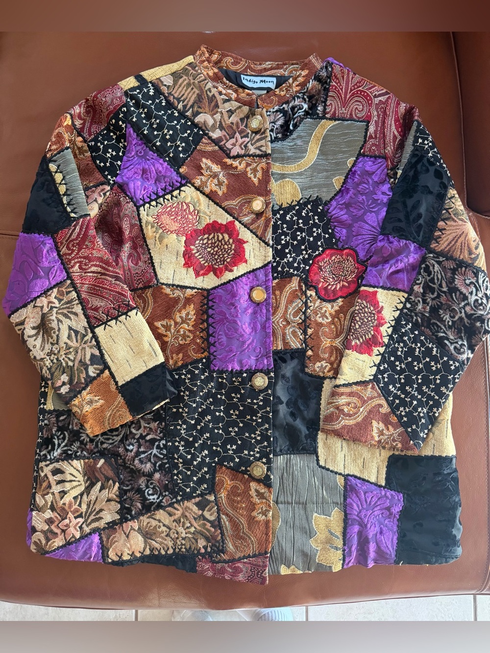 Vintage Indigo Moon 1X Patchwork Tapestry Jacket Silk Chenille Art To Wear Boho